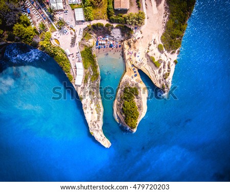 Canal D\'amour, Corfu Kerkyra, Greece. The most well known beach on the island, with it\'s turquoise waters and breathtaking view. Aerial image from a drone.