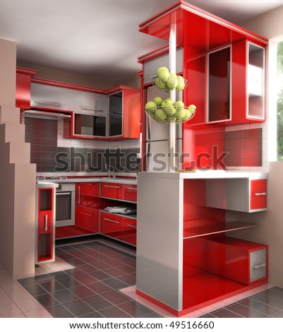  Modern Kitchen on Red Kitchen With White Elements Stock Photo 49516660   Shutterstock