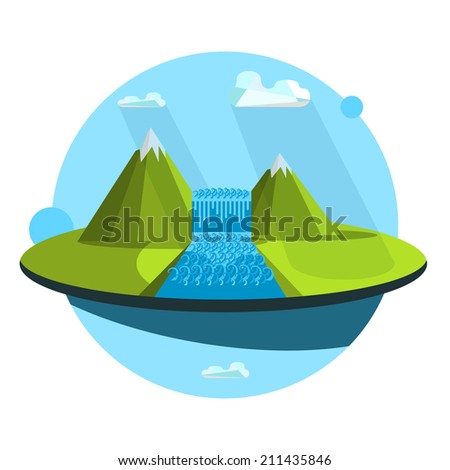 Landscape illustration. Mountain river and waterfall. Flat design icon