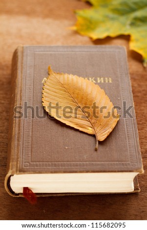 A book by Pushkin (Russian poet of the 19th century) covered by an autumn leaf