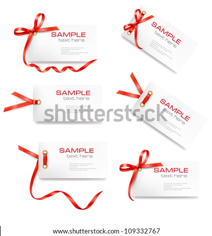 Set of card note with red gift bows with ribbons Vector Set of card note with red gift bows with ribbons Vector
