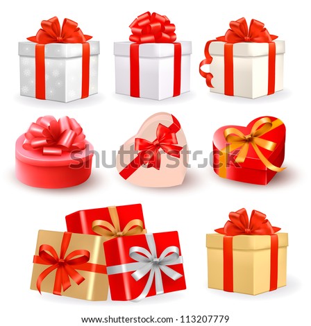 Set of colorful vector gift boxes with bows and ribbons. Set of colorful vector gift boxes with bows and ribbons.