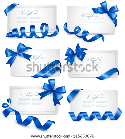 Set of gift card notes with blue bows with ribbons Vector Set of gift card notes with blue bows with ribbons Vector