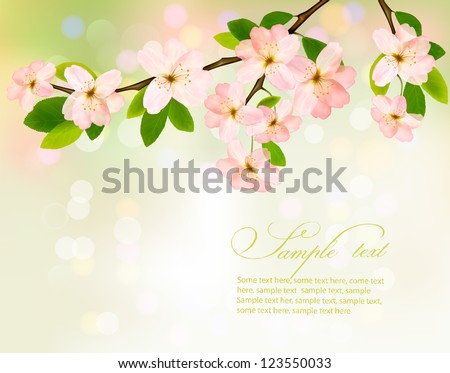 Blossoming tree brunch with spring flowers on green background. Vector illustration.
