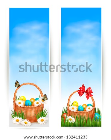 Easter banners with Easter eggs in basket and flowers. Raster version of vector
