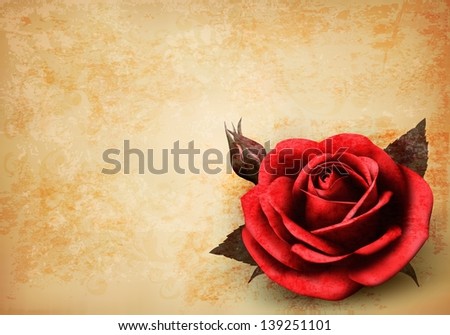 Retro background with beautiful red rose with buds. Raster version of vector.
