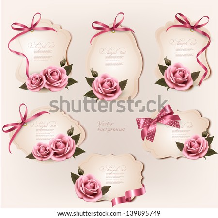 Set Of Beautiful Retro Labels With Pink Rose And Gift Bows. Vector Illustration.