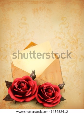 Two roses in front of an old envelope with a letter. Love letter concept.  Raster version of vector