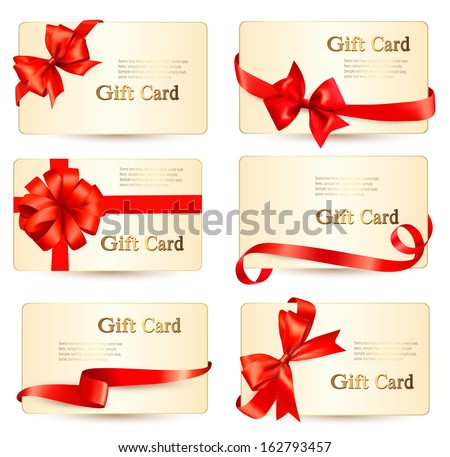 Set of beautiful gift cards with red gift bows with ribbons Vector Set of beautiful gift cards with red gift bows with ribbons Vector
