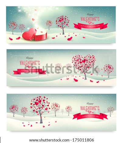 Holiday Retro Banners. Valentine Trees With Heart-Shaped Leaves. Vector