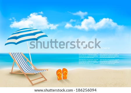 Seaside view with an umbrella, beach chair and a pair of flip-flops. Summer vacation concept background. Vector.