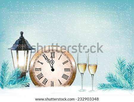 Holiday retro background with champagne glasses and clock . Happy New Year. Vector illustration