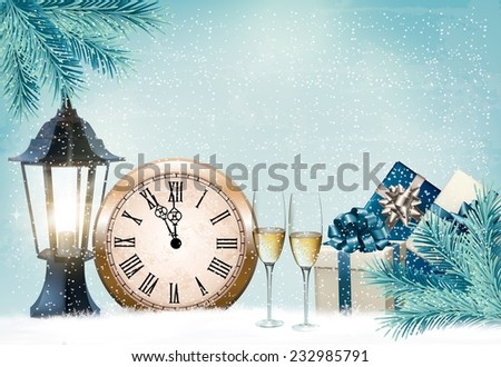 Happy New Year. Holiday background with champagne glasses and clock. Vector illustration