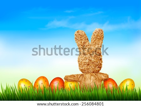 Holiday Easter background with straw rabbit and easter eggs. Vector illustration.