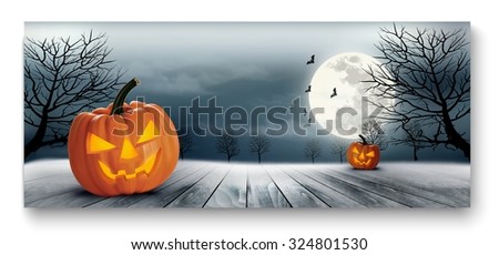 Holiday Halloween Banner with Pumpkins and Moon. Vector