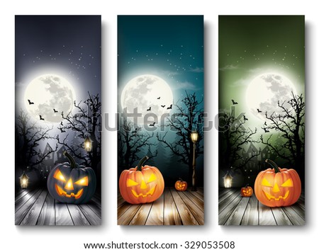Three Holiday Halloween Banners with Pumpkins and Moon. Vector