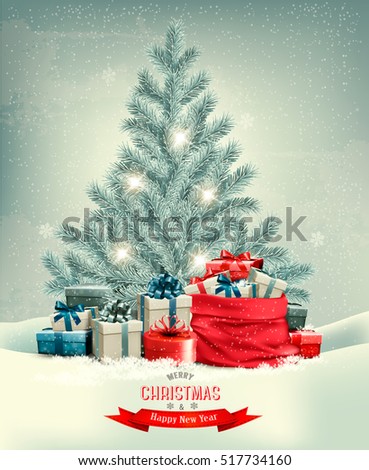 Holiday Christmas background with a sack full of gift boxes and Christmas tree. Vector.