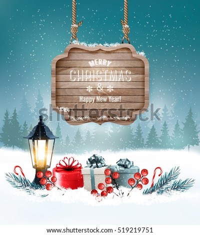 Holiday Christmas background with gift boxes and wooden sign. Vector
