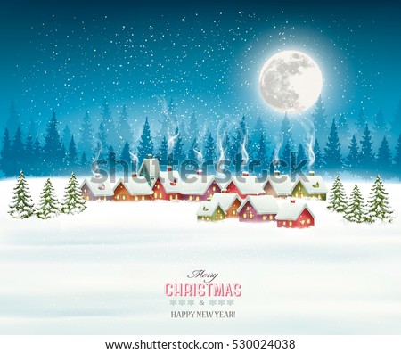 Winter village night Christmas background. Vector.