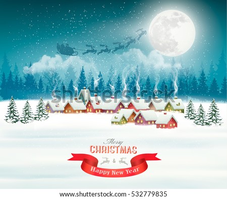 Winter village night Christmas background. Vector.