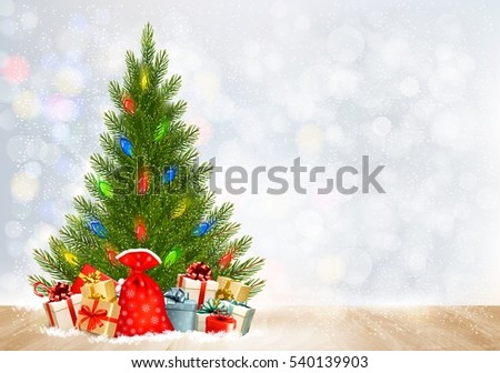 Holiday Christmas background with gift boxes and Christmas tree. Vector.