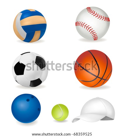 Set of sport balls and tennis cap. Vector