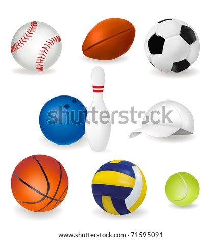 Big set of sport balls and tennis cap. Vector illustration.