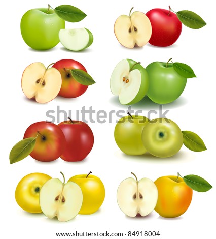 Set of red and green apple fruits with cut and green leaves. Vector illustration. - stock vector