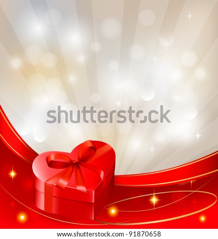 Valentine`s day background with red gift box with bow and ribbons. Vector.
