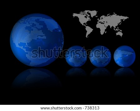 4 glass globes & world map