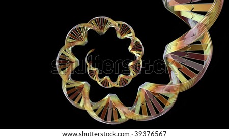 A computer generated strand of DNA on a black background.