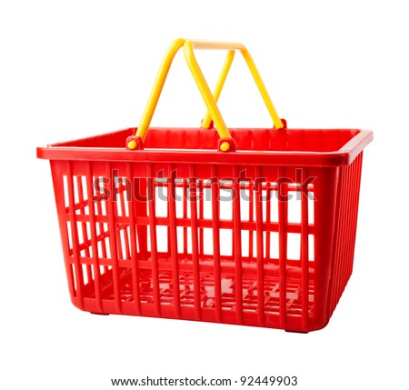 An empty red plastic shopping basket on a white background