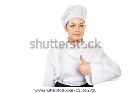 Portrait Of Pretty Chief Cook With Hand Sign On White Background