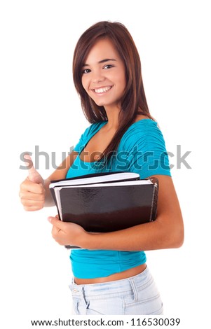 Happy young student expressing positivity sign, isolated over white