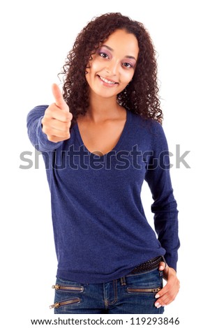 Happy young woman expressing positivity sign, isolated over white