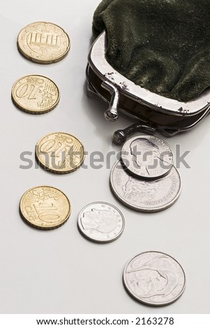 old money purse with scattered coins