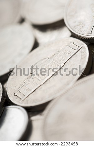 pile of coins (shallow DOF; focus on five cents - Monticello Mansion)