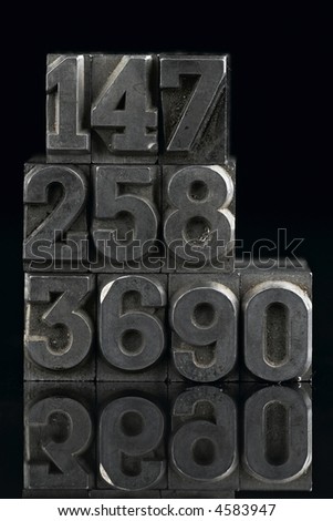 lead letters numbers on black with reflection