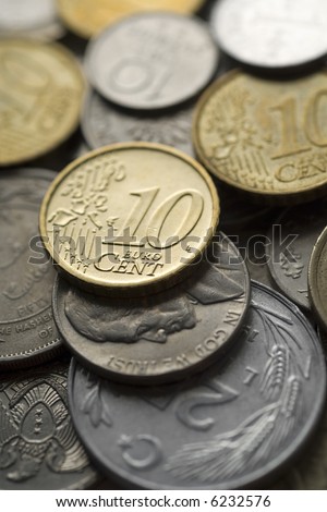 pile of coins (ten euro cents on the top) - shallow DOF