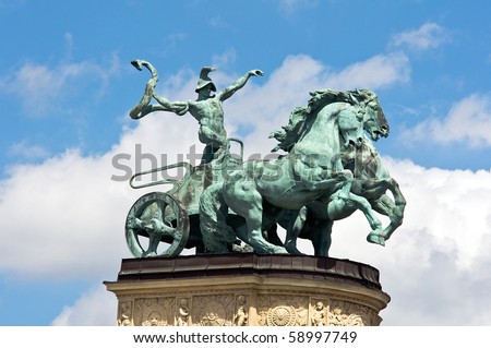 Sculpture of the chariot of the War at the Hero\'s Square Monument in Budapest, Hungary