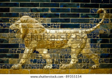 A lion of the Ishtar Gate of Babilon in the Pergamon Museum in Berlin