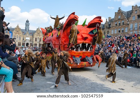 IEPER, BELGIUM - MAY 13, 2012: People outfitted as medieval cats participate in the 43th edition of the Cat Parade in Ieper, Belgium on May 13, 2012