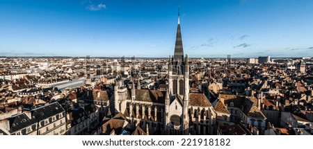 The panorama of Dijon from high point of view with the cathedral on the foreground