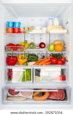 open refrigerator filled with food