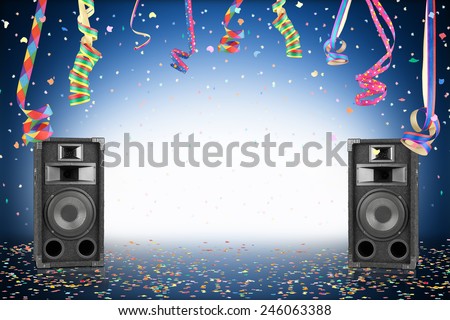 Party background with confetti, streamer and speakers