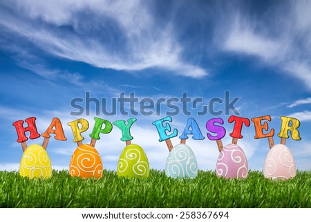 happy easter lettering with easter eggs