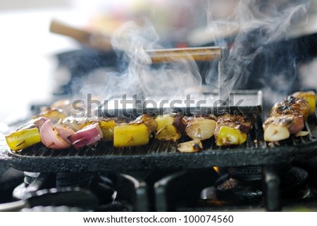 grill meat bbq and vegetable on stick prepare in kitchen at restaurant