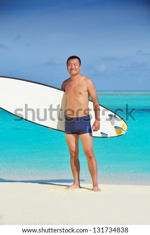 Man with surf board on beautiful tropical beach  beach