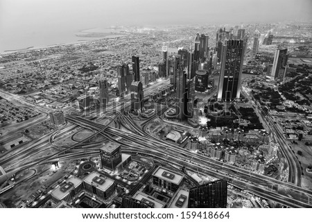 dubai city skyline main road and new skyscrapers at sunset dubai city skyline main road and new skyscrapers at sunset