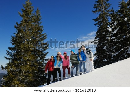 happy friends have fun at winter on fresh snow, healthy young people group outdoor